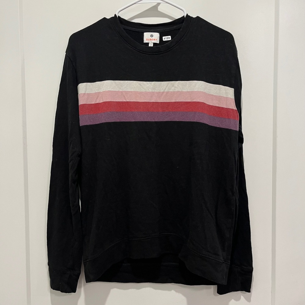 Sundry Black Multi Color Stripe Sweatshirt Long Sleeve Crew Neck Made in USA 2